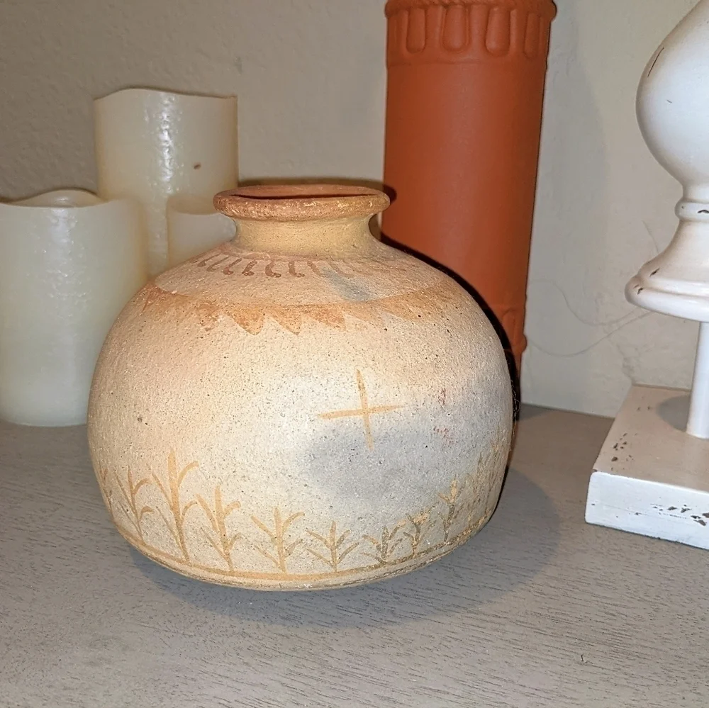Small Handmade Bottleneck Ceramic Clay Detailed Vase
